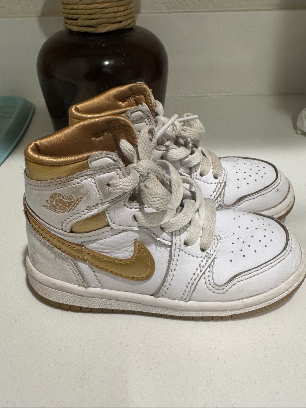 Nike Kids White and Metallic Gold High-Top Sneakers